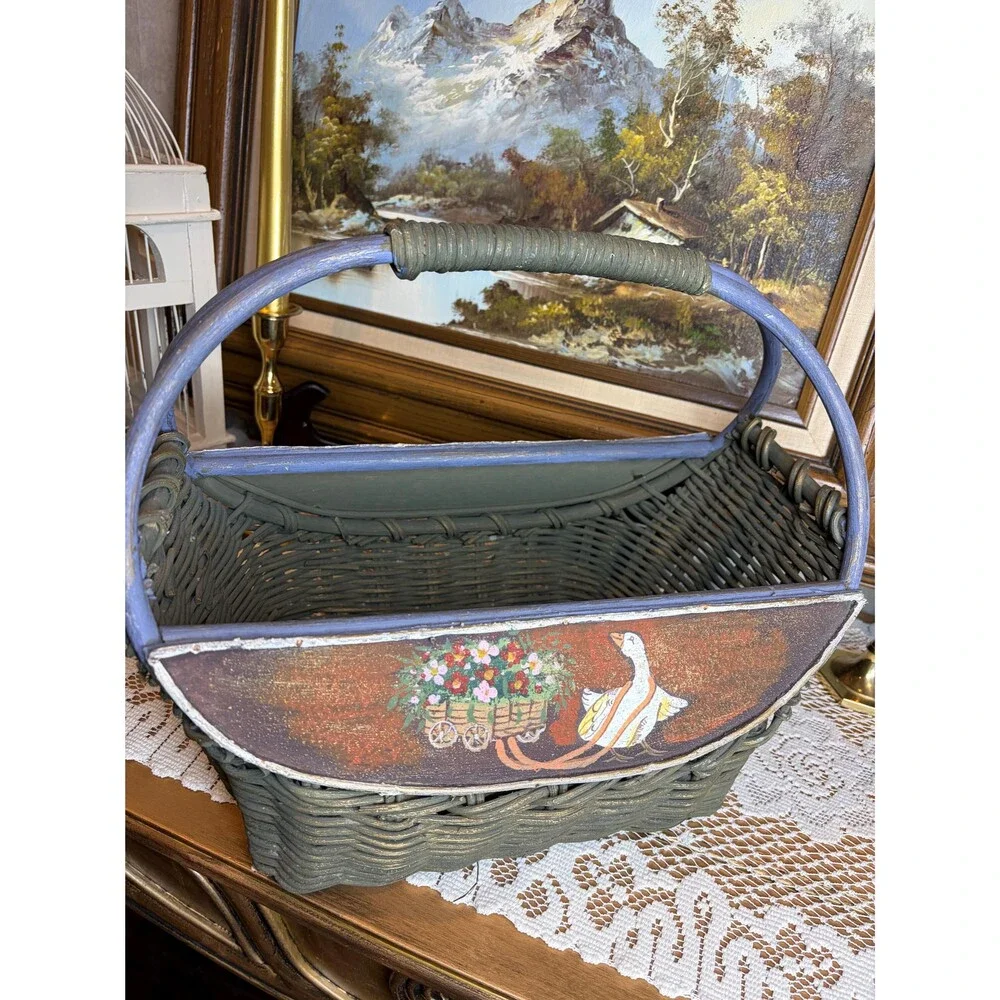 Vintage Hand Painted Goose Flower Cart Wicker Basket Country Cottagecore Decor